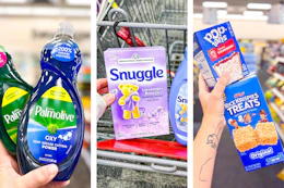 collage image of palmolive dish soap, snuggle dryer sheets, pop tarts, and rice krispies treats snacks
