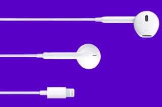 Two angles of Apple earpods and a lightning connector