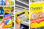 collage image of ajax dish soap, neutrogena wipes, and cheerios cereal
