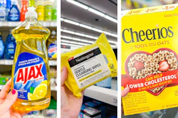collage image of ajax dish soap, neutrogena wipes, and cheerios cereal