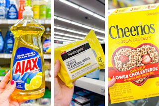 collage image of ajax dish soap, neutrogena wipes, and cheerios cereal
