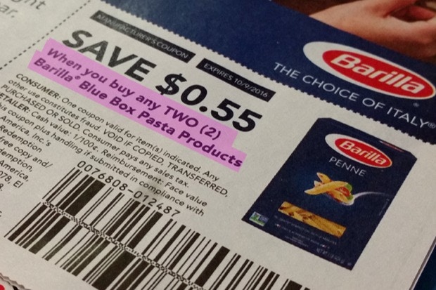 a close up on a manufacturer coupon for Barilla that says 