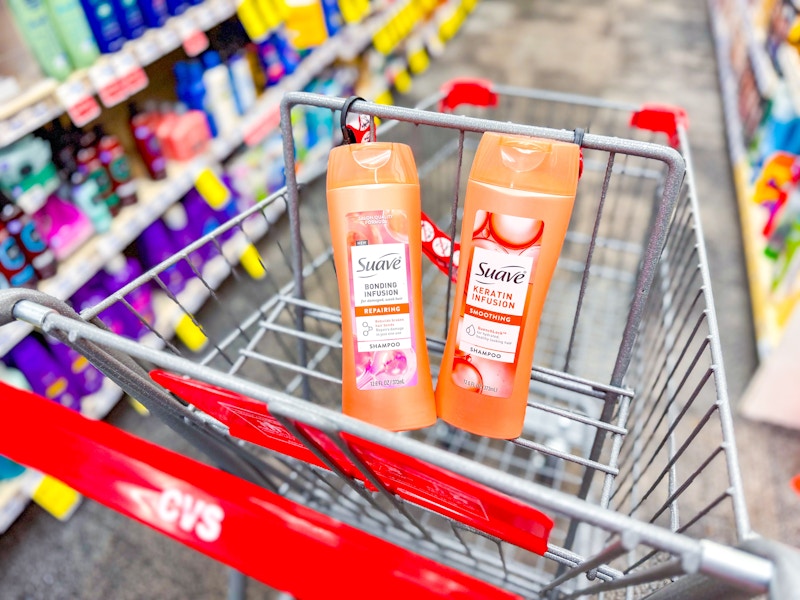 2 bottles of suave shampoo in a cart