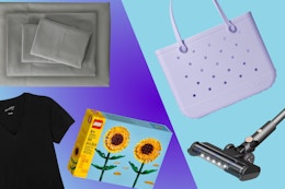 Threshold sheets, Legos, Bogg Bag, stick vacuum, women's t-shirt