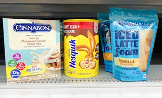 Cinnabon drink mix, Nesquik, and Maxwell House Latte drink mix