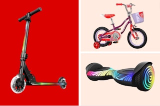 a scooter and a bike on a mint background