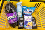dollar general groceries in a yellow shopping basket