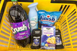 dollar general groceries in a yellow shopping basket