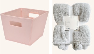 a collage of a pink storage tote and a grey pom pom throw