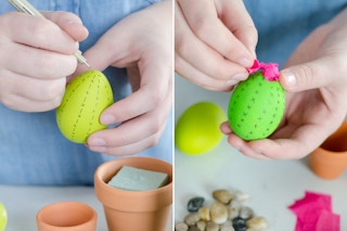 Paint or dye craft eggs, and set in terra-cotta pots for cactus Easter eggs.
