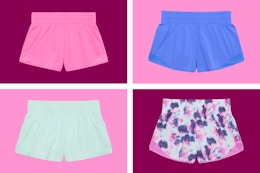 pink, blue, teal, and marbled running shorts for kids