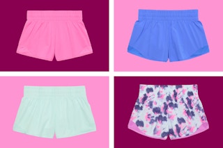 pink, blue, teal, and marbled running shorts for kids