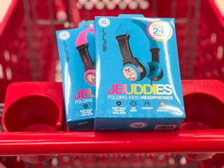 jlab jbuddies kids headphones on a target cart