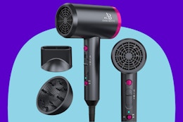 Hair Dryer with Diffuser for Curly Hair, 1800W Ionic Blow Dryer on a blue background.