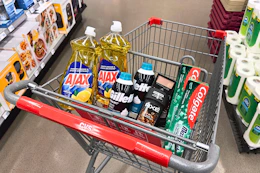 ajax dish soap, gillette foamy shave cream, maybelline eyeshadow, axe deodorant, and colgate toothpaste in a cart