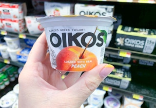 oikos blended greek yogurt held in front of other yogurts
