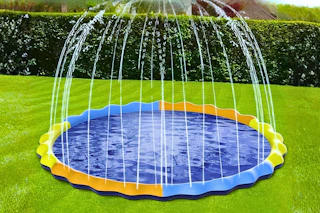 Lifestyle image of a splash pad set up outdoors