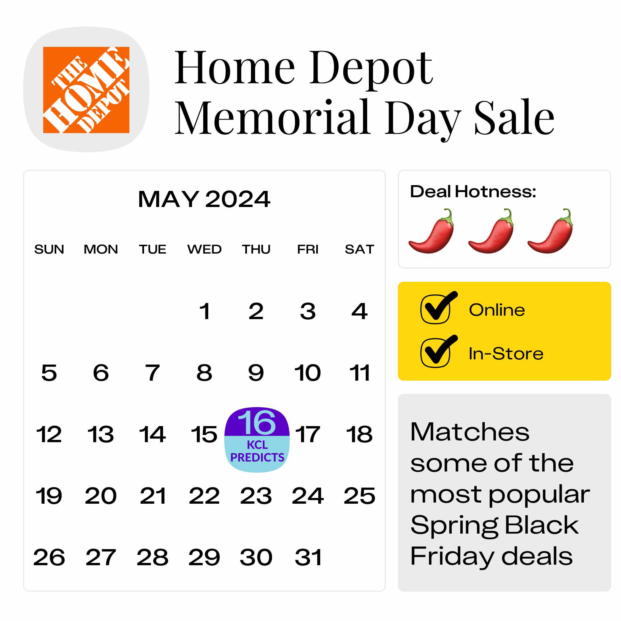 A calendar showing the predicted Home Depot Memorial Day sale date: Thursday, May 16, 2024.