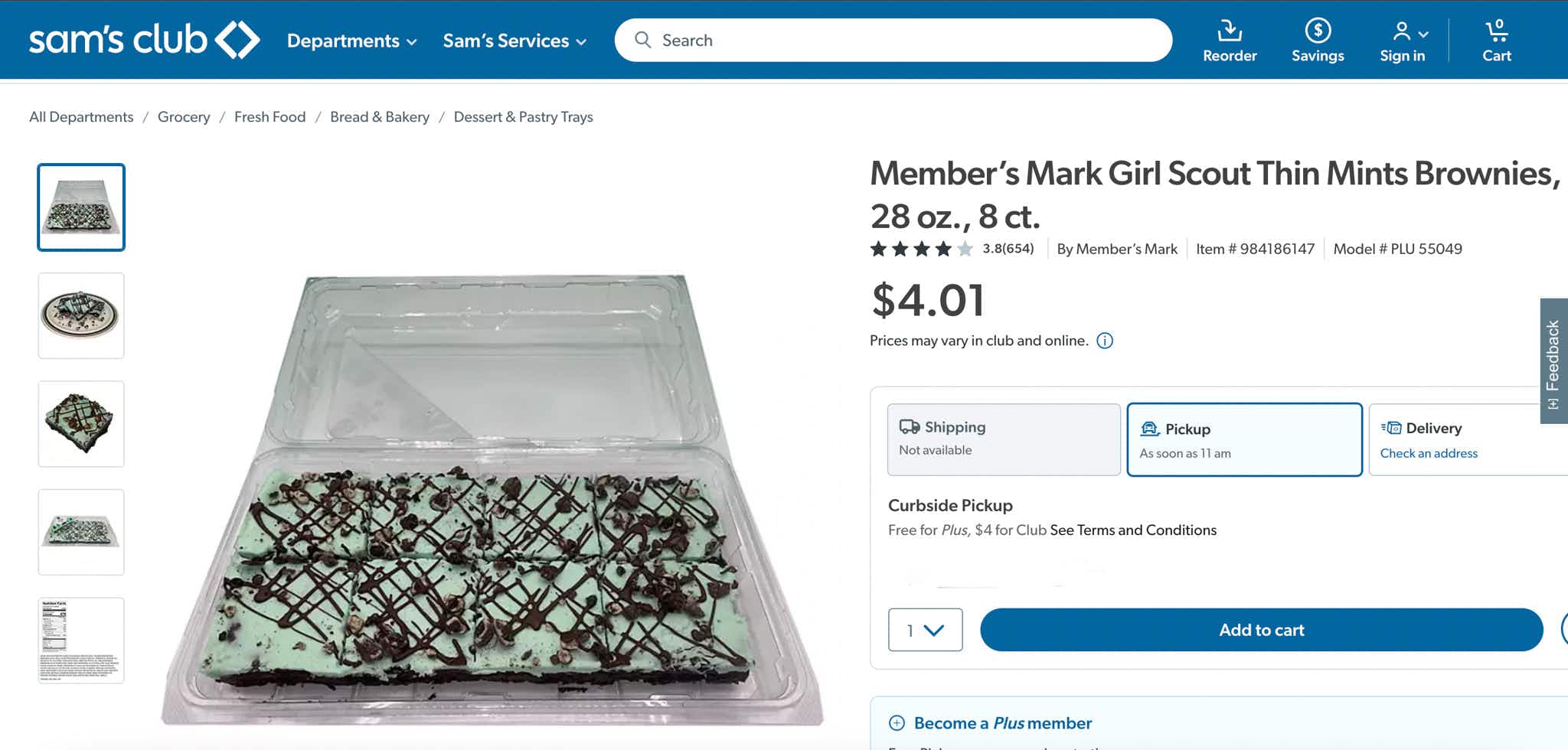 screenshot of girl scout thin mint brownies for $4.01
