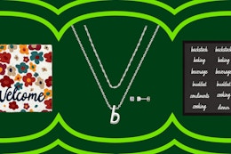 Welcome mat, initial necklace, The Home Edit pantry stickers