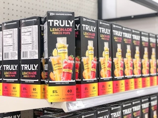boxes of Truly popsicles on an aisle in the store with one box turned diagonally toward the camera