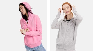 two women wearing a cashmere hoodie