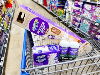 Swiffer PowerMop, cleaning solution twin pack, and pad refills