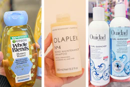 collage image of garnier, olaplex, and ouidad shampoos