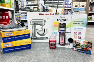 kitchenaid, sketchers, yankee, ninja, and lego sitting on floor
