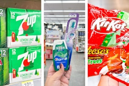 collage image of 7up, crest, and reeses and kit kat candy