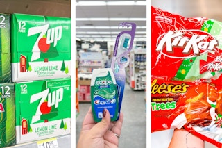 collage image of 7up, crest, and reeses and kit kat candy