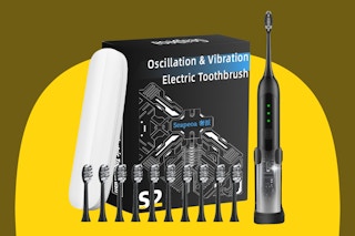 a sonic toothbrush with a case and brush heads