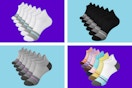 Six-packs of women's cotton ultra-thin ankle socks in all-white, all-black, all-grey and multi-color