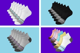 Six-packs of women's cotton ultra-thin ankle socks in all-white, all-black, all-grey and multi-color