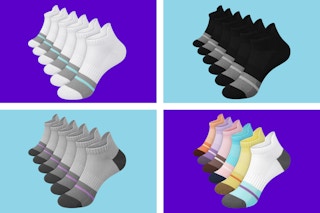 Six-packs of women's cotton ultra-thin ankle socks in all-white, all-black, all-grey and multi-color