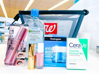 cosmetics and skincare products in front of walgreens shopping basket