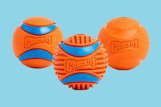chuckit dog ball toys on a blue background