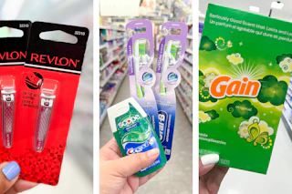 collage with revlon nail clippers, gain dryer sheets, crest and oral-b products