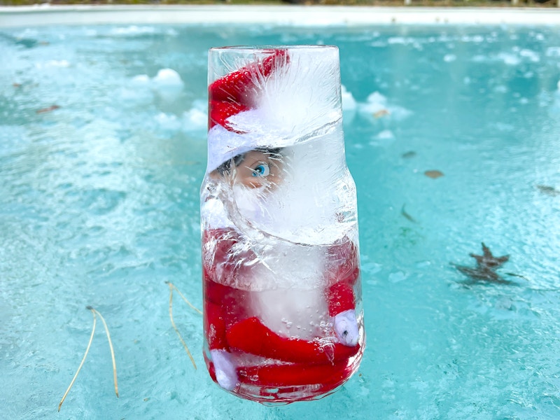 elf on the shelf frozen in block of ice