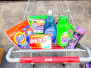 tide pods, gain flings, dawn dish soap, bounce dryer sheets, gain detergent, and downy unstoppables in a cart