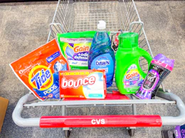 tide pods, gain flings, dawn dish soap, bounce dryer sheets, gain detergent, and downy unstoppables in a cart