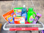tide pods, gain flings, dawn dish soap, bounce dryer sheets, gain detergent, and downy unstoppables in a cart