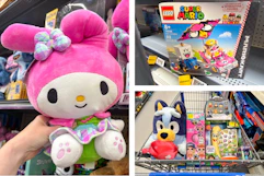 hello kitty, lego, bluey, dora, and more toys side by side