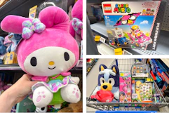 hello kitty, lego, bluey, dora, and more toys side by side