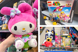 hello kitty, lego, bluey, dora, and more toys side by side