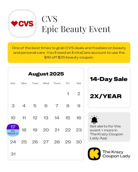 Calendar graphic of cvs epic beauty event predicted for August 17 2025