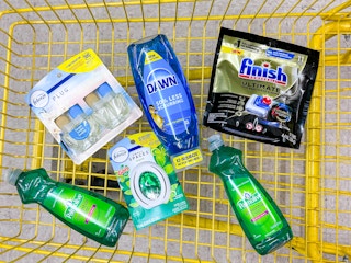 palmolive and dawn dish soaps, febreze products, and finish dishwasher tabs in a cart