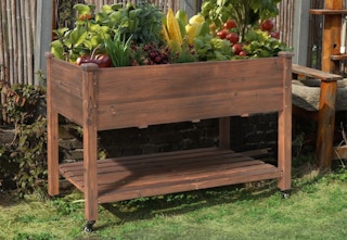 a dark wood raised garden bed with fruits and vegetables growing in it