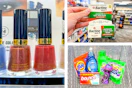 collage image of revlon nail polish, bactine ointment, and household essentials including gain, tide, dawn, bounce, and downy
