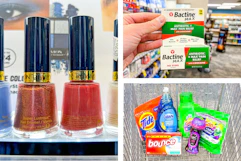 collage image of revlon nail polish, bactine ointment, and household essentials including gain, tide, dawn, bounce, and downy